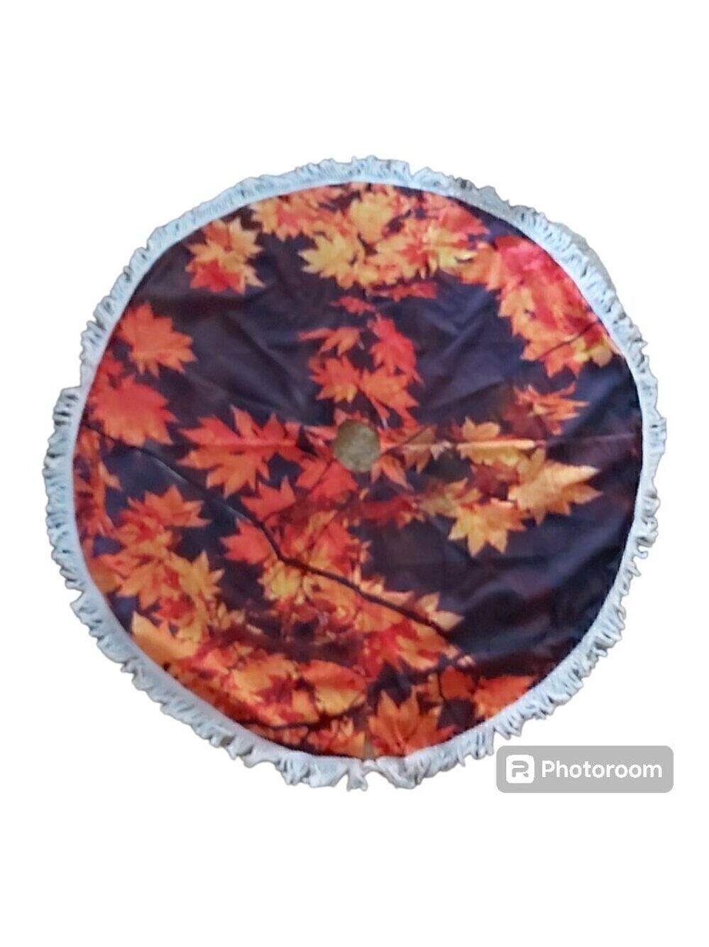 Fall-Inspired Christmas Tree Skirt: Red & Gold Leaves on Purple/Black Background